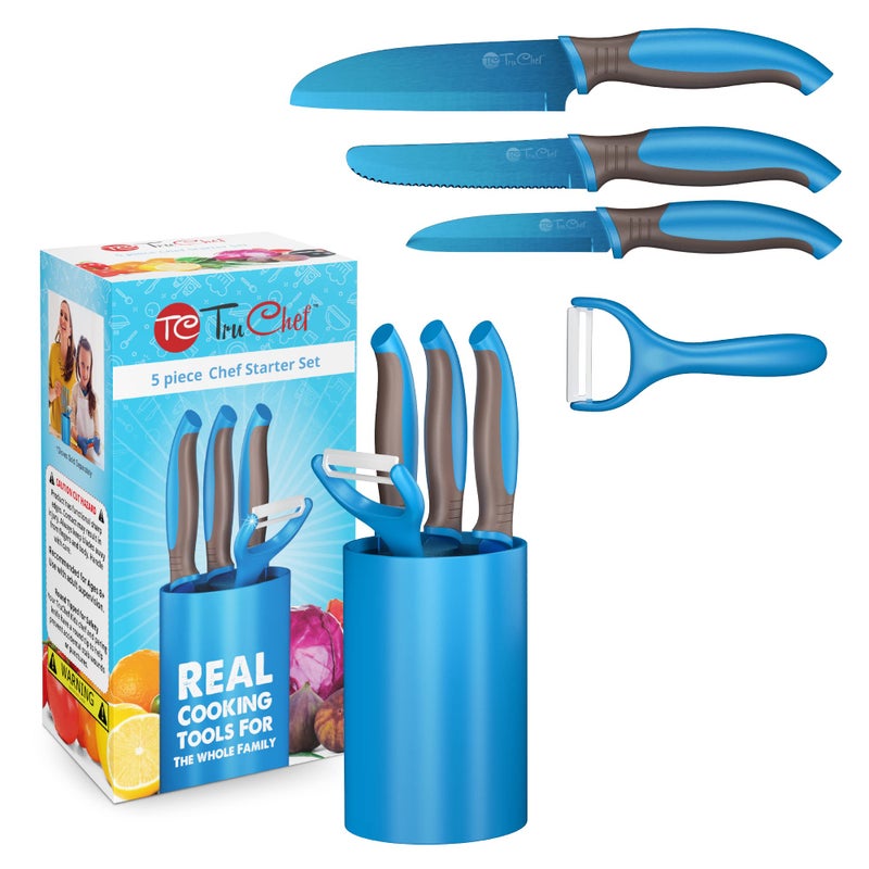 TruChef 5-Piece Kids Knife Set | Real Stainless Steel Cooking Knives with Peeler, Serrated Blade & Storage Stand | Safe, Easy-Grip Design â€“ Fun Junior Chef Set for Boys & Girls (5 pcs, Blue) - Image 1